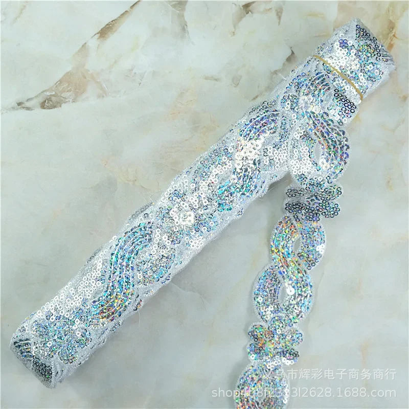 ruban décoratif dentelle sequins fleurs 4cm bleu vert rouge rose or argent partie