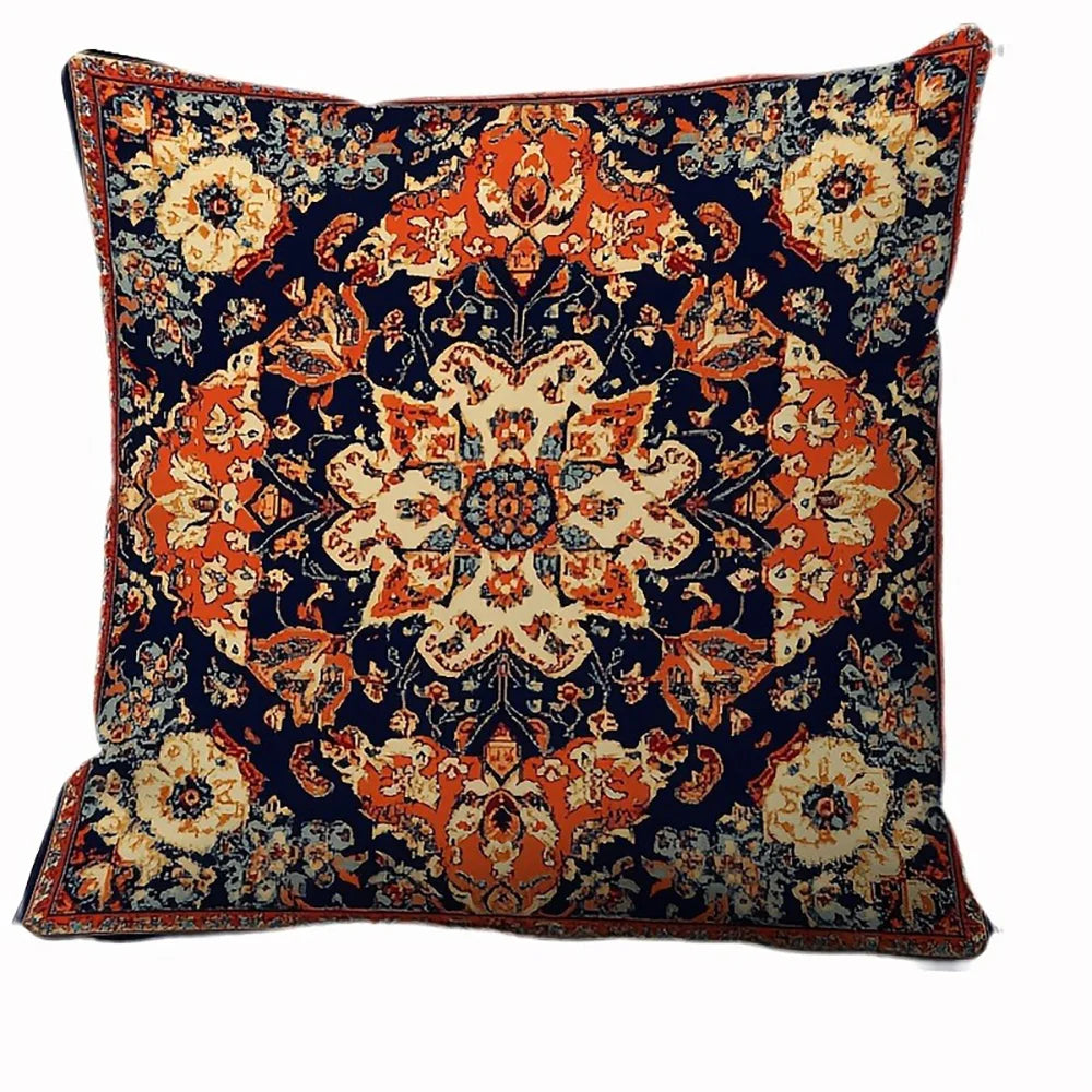 taies d'oreiller décoratives motifs floraux géométriques vintage bleu marine orange beige blanc polyester peachskin