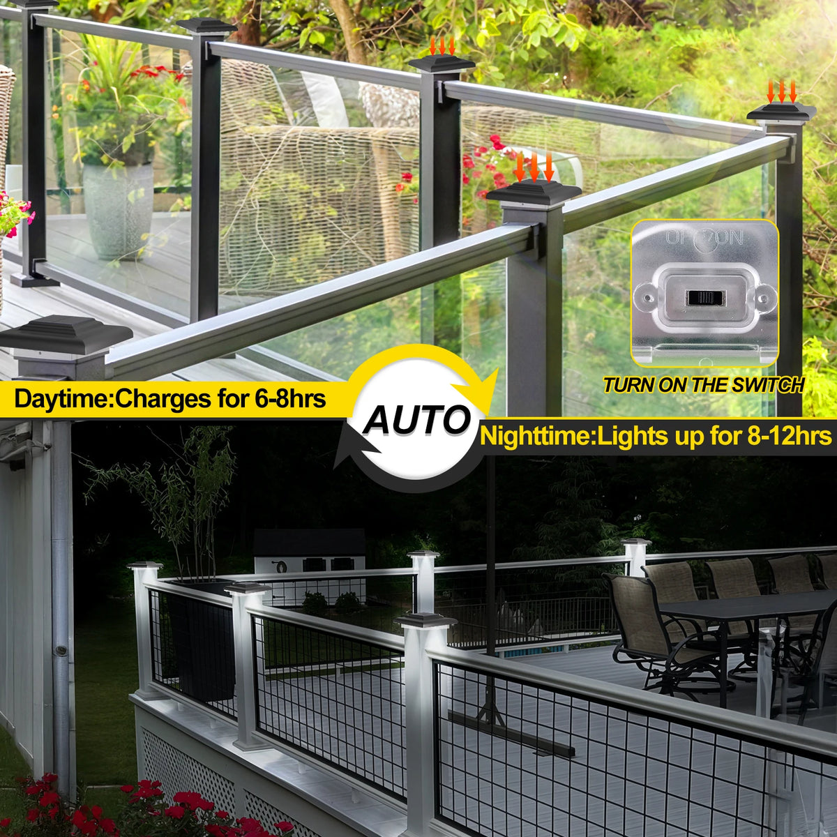 lampe solaire led balustrade moderne adhésive 12 leds lentilles batterie rechargeable ip65 étanche