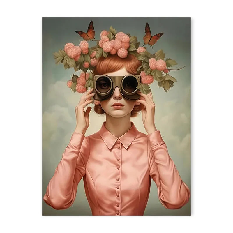 tableau toile art fleurs papillons lunettes moderne décoration mur salon cadre bois