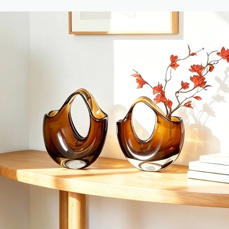 vase verre marron moderne asymétrique tulipe pétale arrangement floral transparent 24cm 21cm