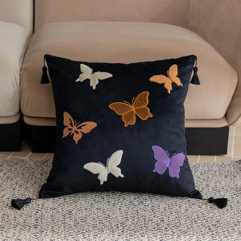 housse coussin carrée velours brodé papillons moderne décorative voiture maison 45x45cm polyester adhesive
