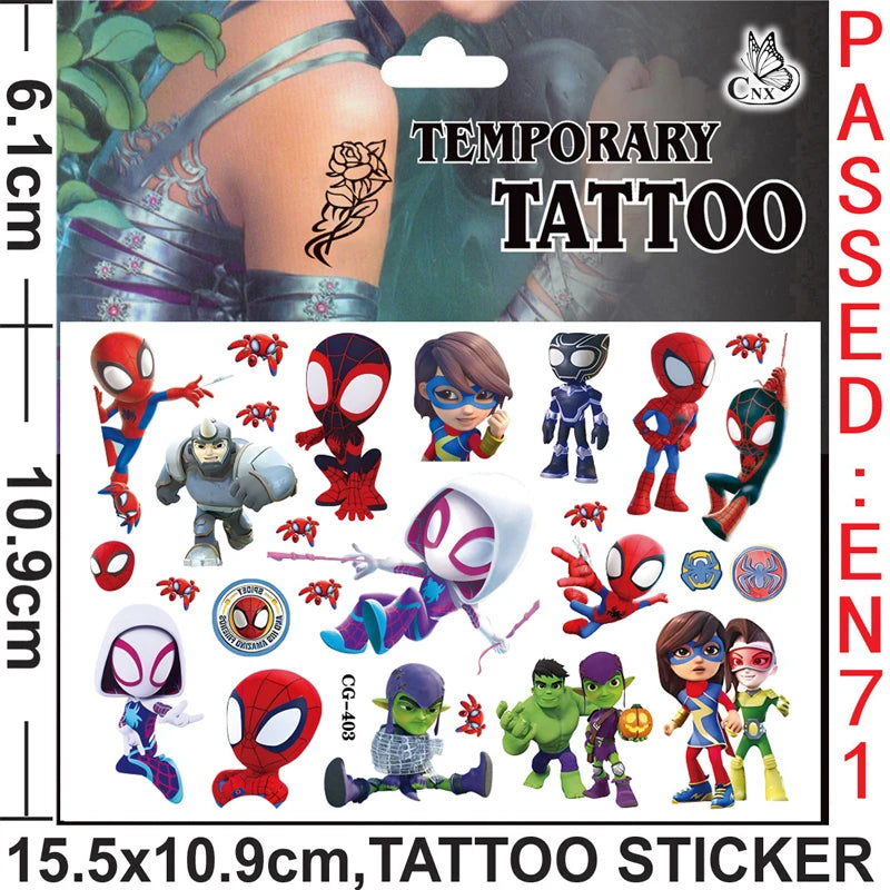 tatouages temporaires spiderman personnages dessins animés adhésifs enfants anniversaire décoration rouge bleu vert