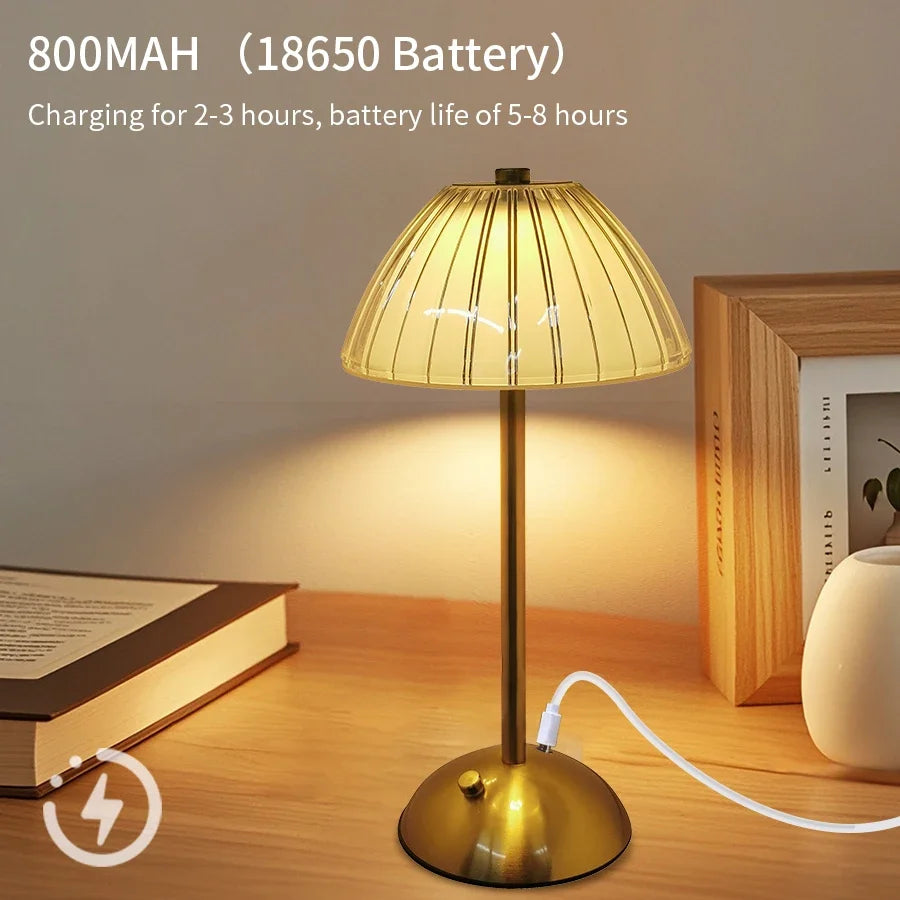 lampe table moderne doré antique transparente rayures fines capteur tactile rechargeable sans fil