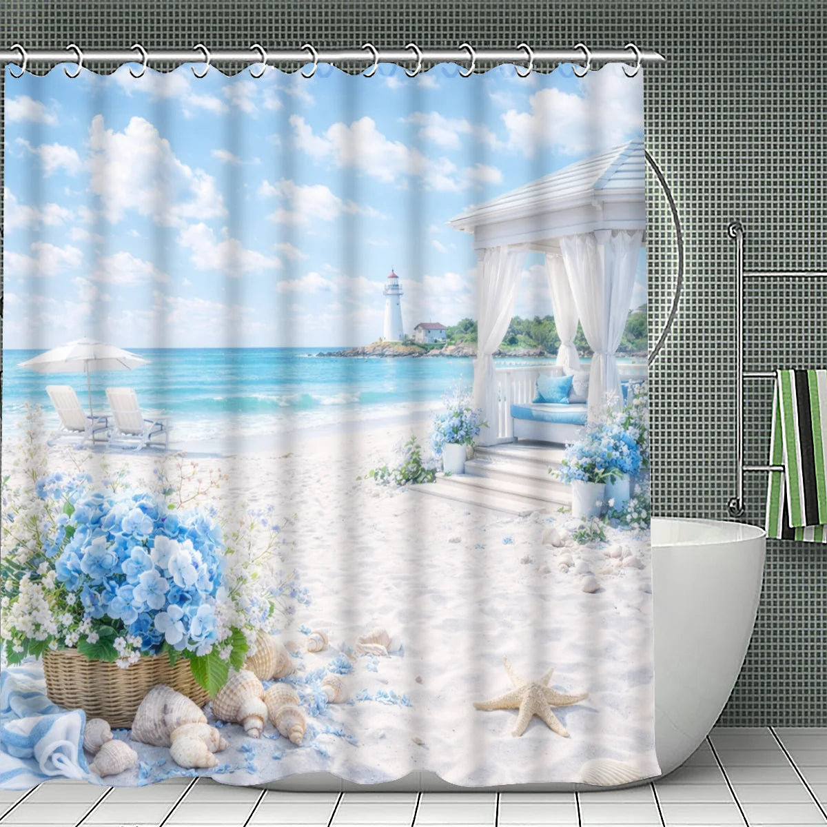 rideau douche plage marine imprimé coquillages cabane fleurs bleues romantique crochets côtelé polyester