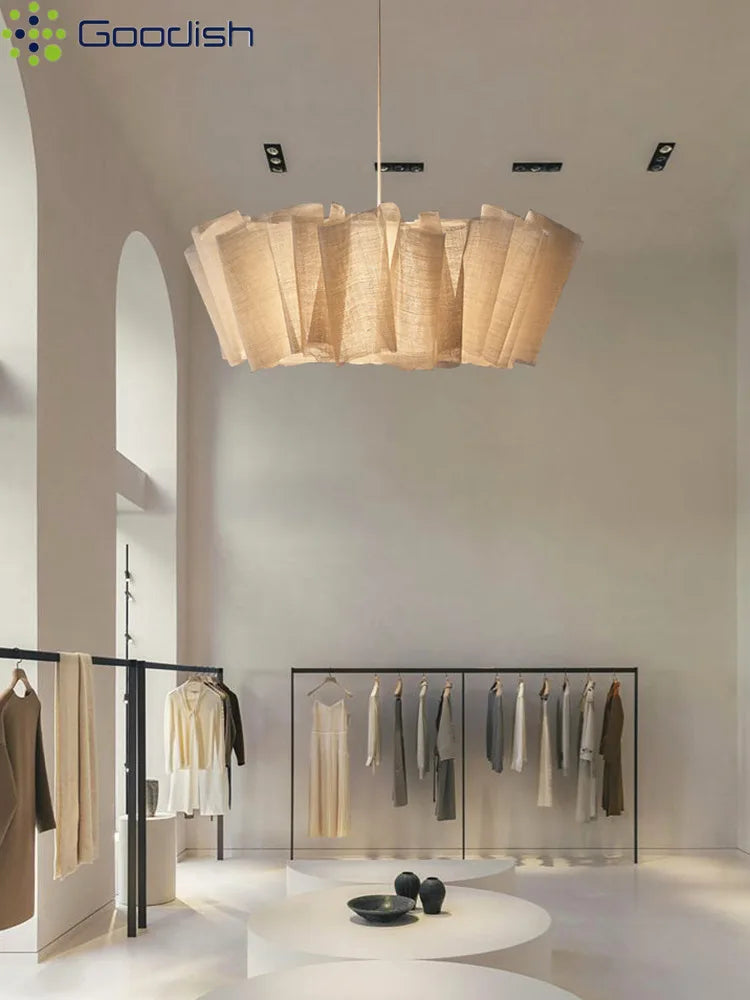 Lampe suspendue moderne tissu beige clair texture légèrement rugueuse salon chambre hall