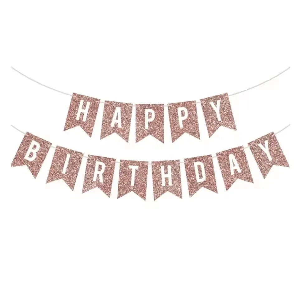 guirlande festivités or rose paillettes lettres happy birthday décoration anniversaire fil blanc festive papier