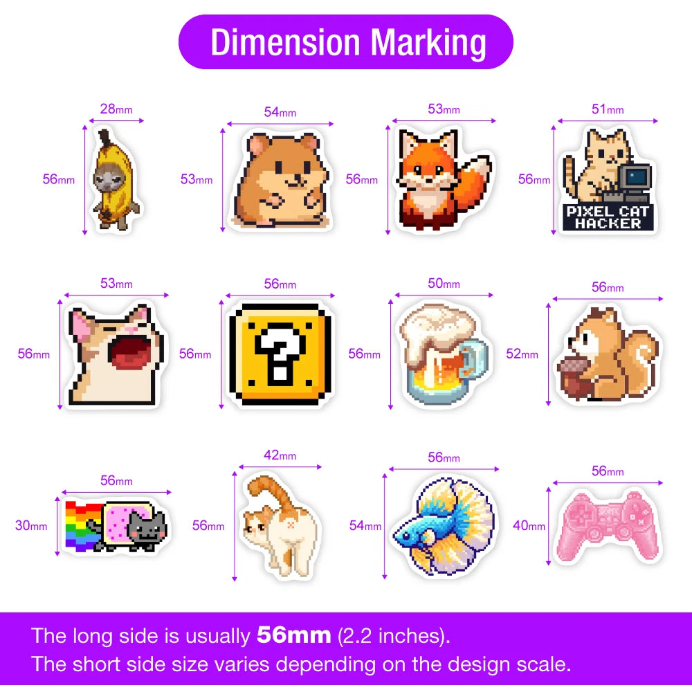 Stickers vinyle imperméables pixel art animaux multicolores adhésifs usage unique adultes adolescents