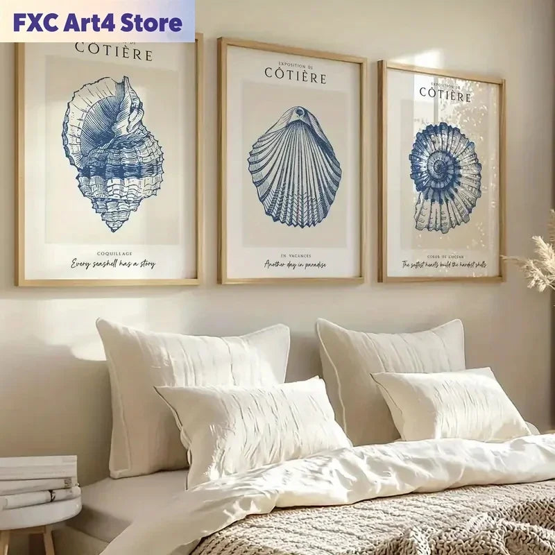 affiches graphiques coquillages minimaliste salon chambre décoration murale océan bleu marine texte cotiere
