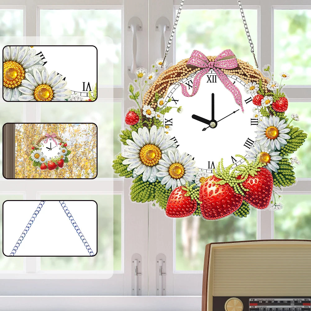 horloge suspendue 2d fleurs oiseaux motifs géométriques blanc multicolore métal chaines