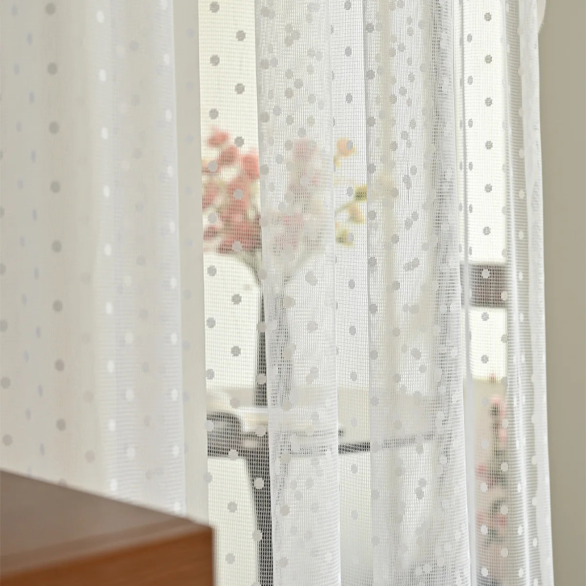 rideau blanc pois transparent classique polyester coton salon chambre deux panneaux
