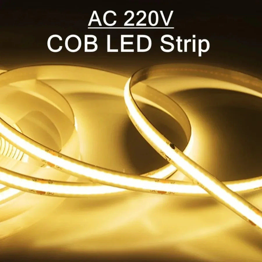 Ruban LED COB 220V blanc chaud installé sous une étagère