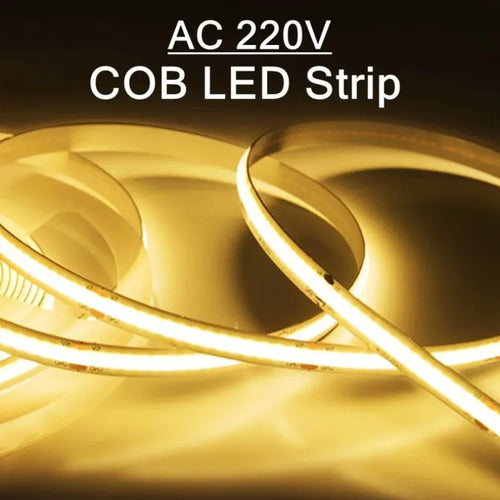 Ruban LED COB 220V blanc chaud installé sous une étagère
