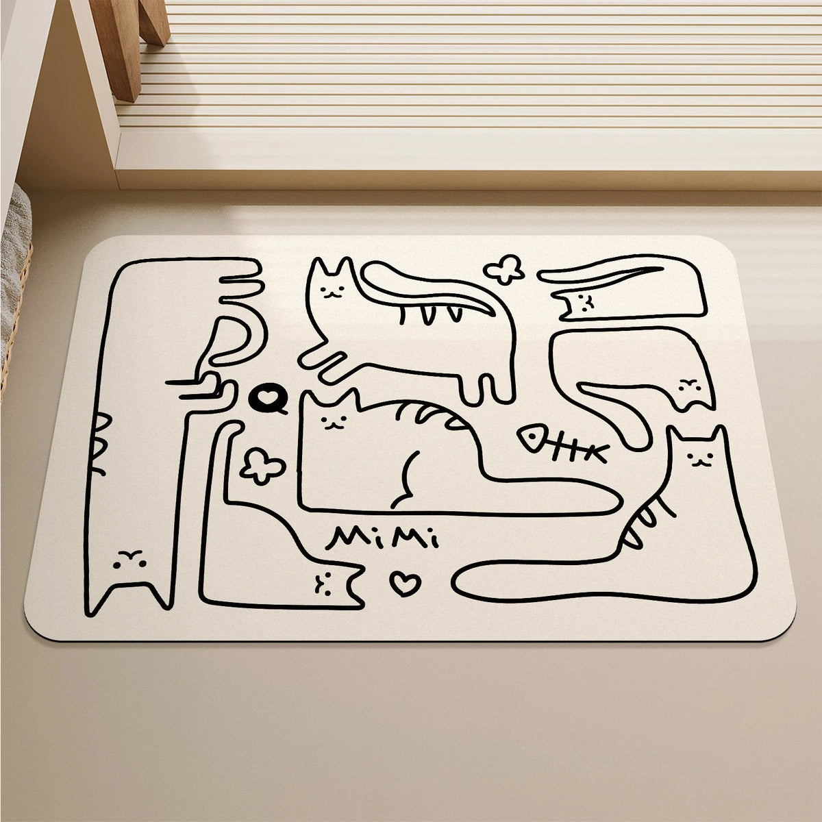 tapis sol caoutchouc antidérapant salle bain noir blanc dessins chats mimi cœur moderne