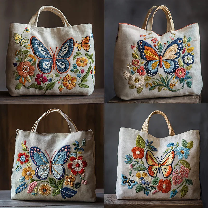 sac main brodé papillons fleurs boho chic poignées cuir opaque multicolore coton artisanal