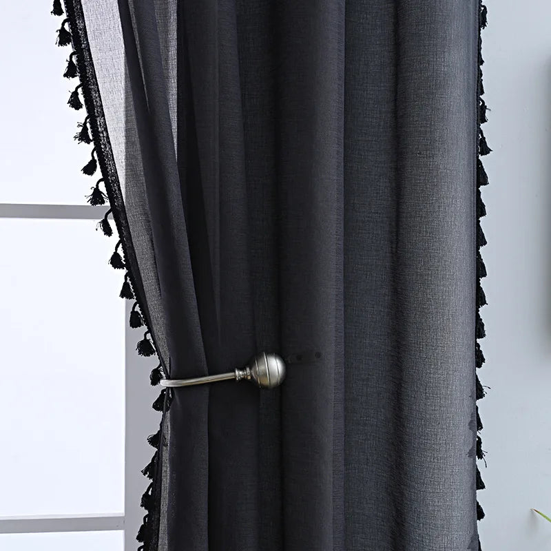 rideaux noir gris blanc bohème moderne pompons bord inférieur tringle translucides polyester chambre salon