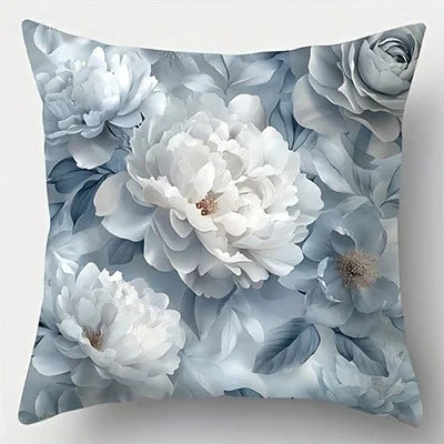 taies d'oreiller décoratives floral bleu clair fleurs blanches gris zipper closure polyester peachskin 45x45cm