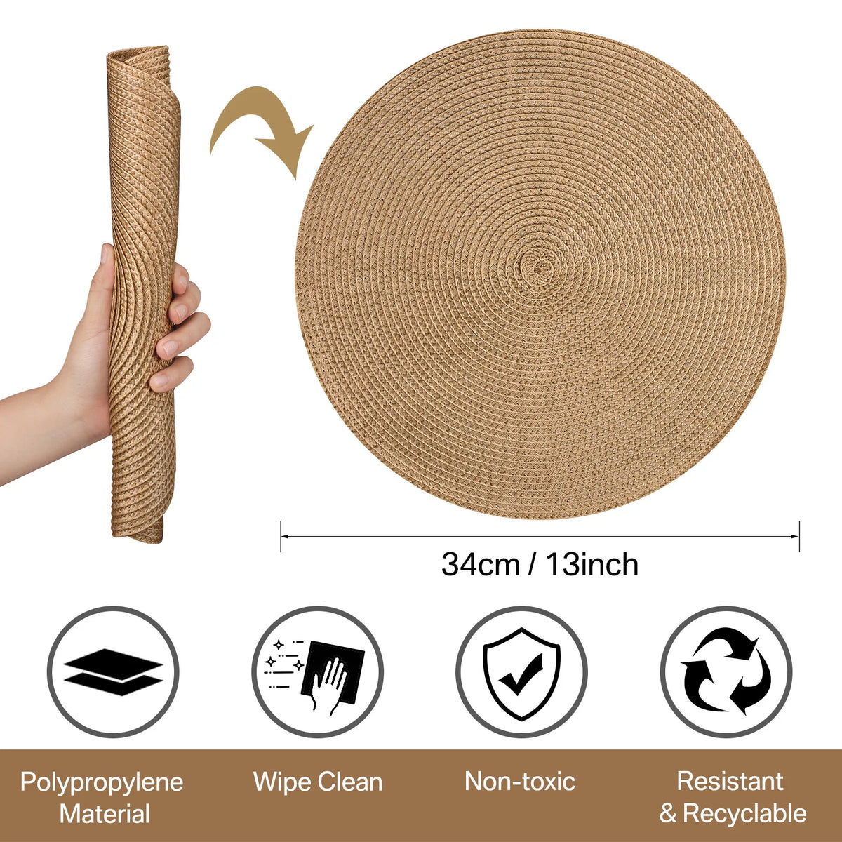 tapis table classique tissage rond marron clair respectueux environnement 34cm diamètre assiette fourchette couteau