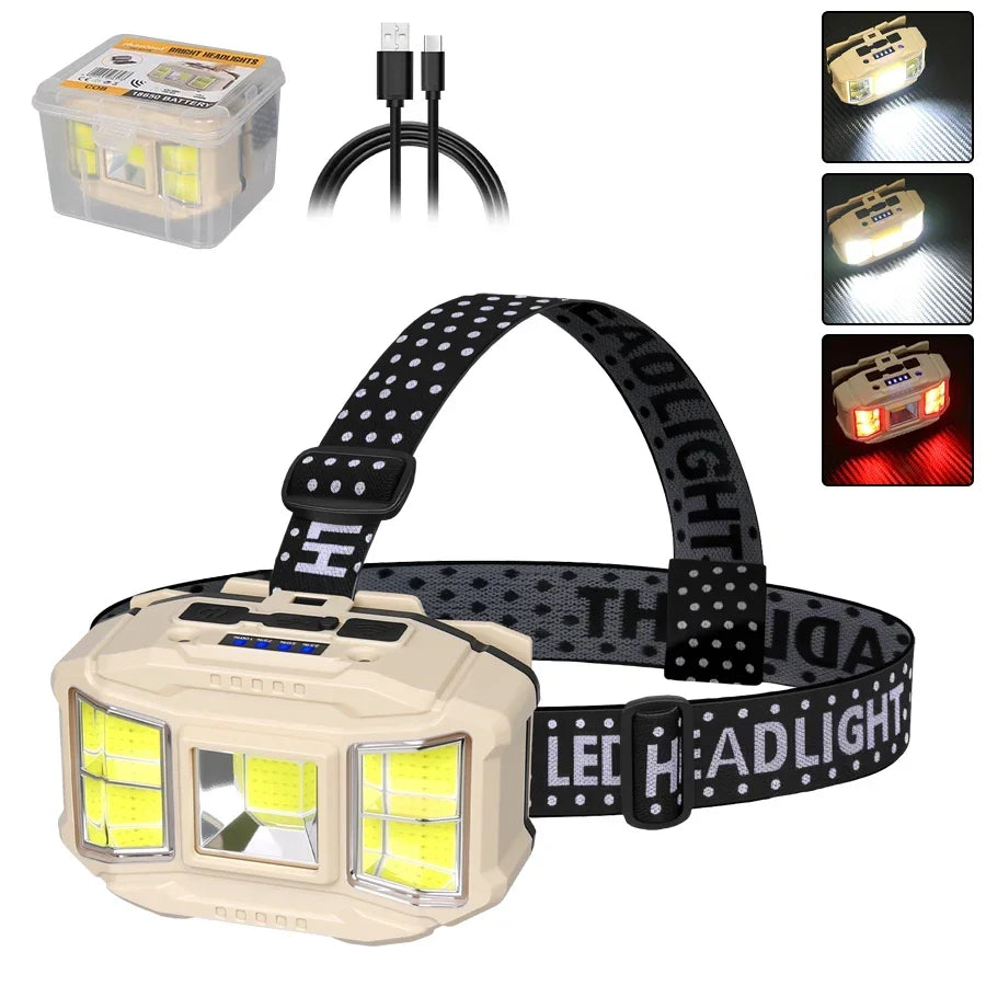lampe frontale led beige rechargeable usb ceinture ajustable modes éclairage pratique robuste