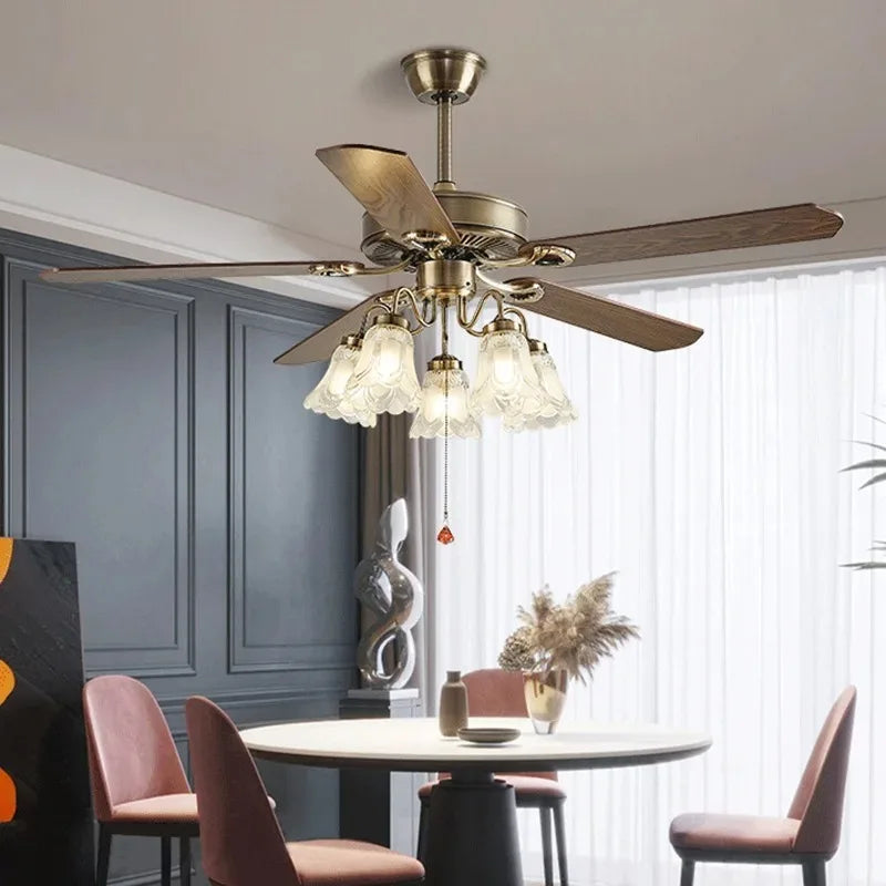 ventilateur doré classique lumières controle télécommande ampoules led motifs floraux contemporain