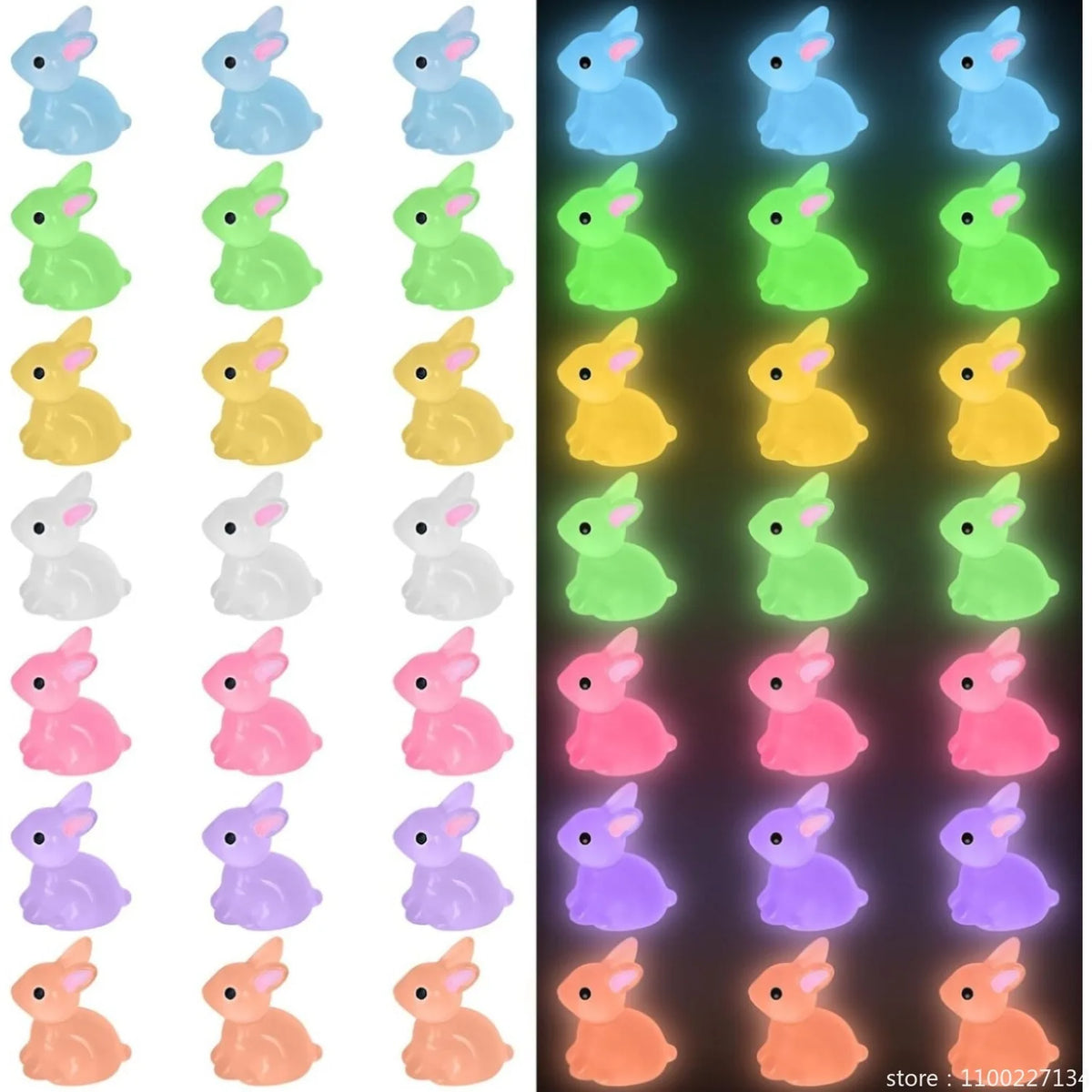 figurines lapins lumineuses miniatures opalescentes bleu vert jaune rose violet