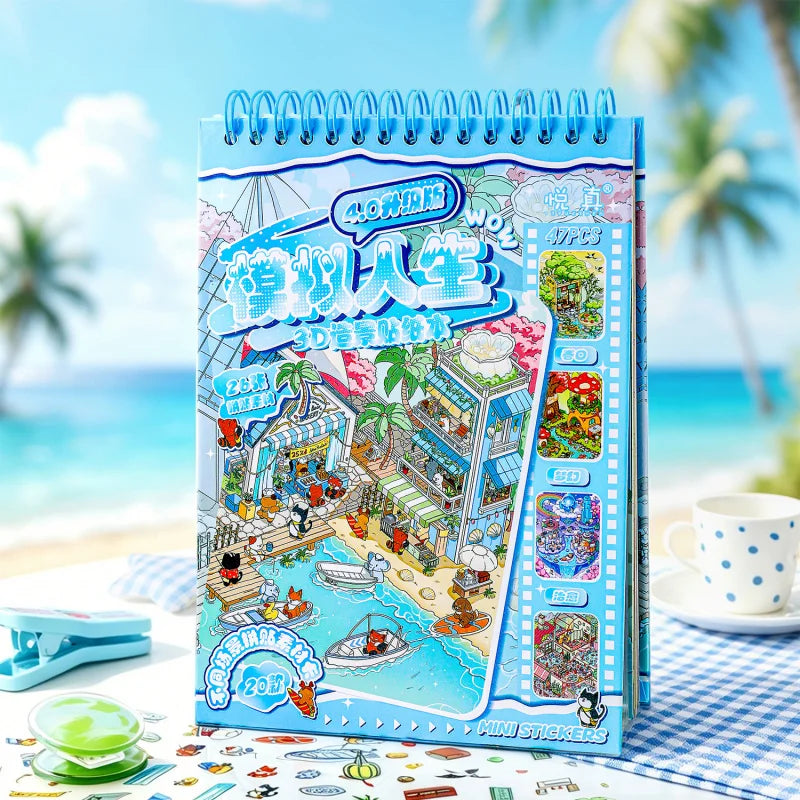 livre stickers 3d dessin animé coloré stickers autocollants motifs animaux urbains naturels spiral bleu