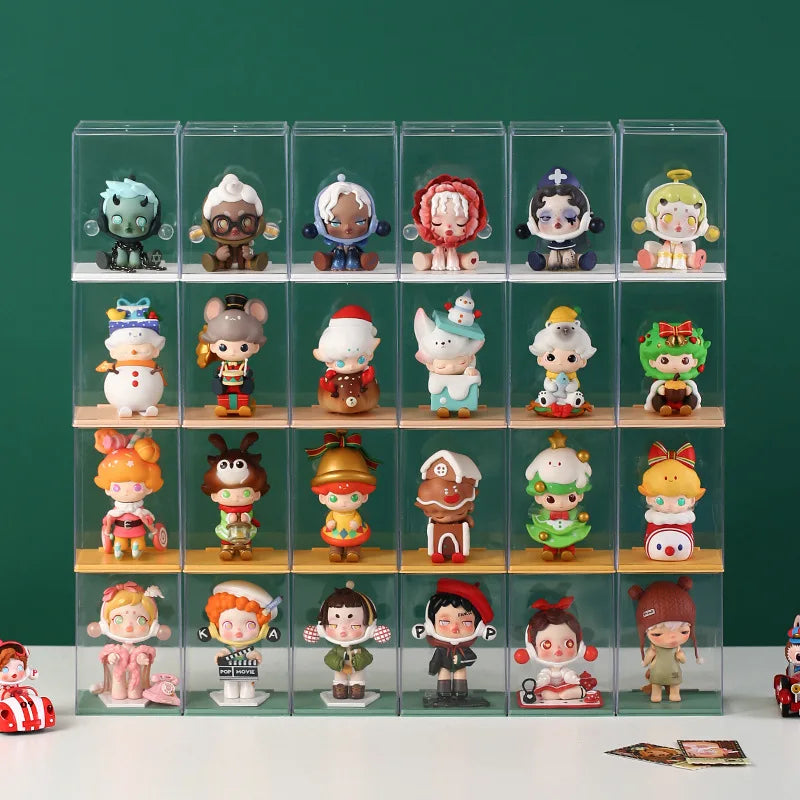organisateur jouets transparent empilable multicolore figurines collection cartoonesque boîtes d'exposition acrylic modernes cartes d’identité