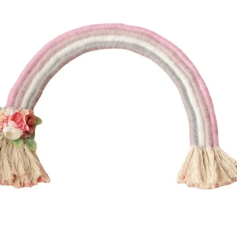 décoration arc ciel tissé franges bohème artisanal nouveau né photo chambre bébé rose blanc