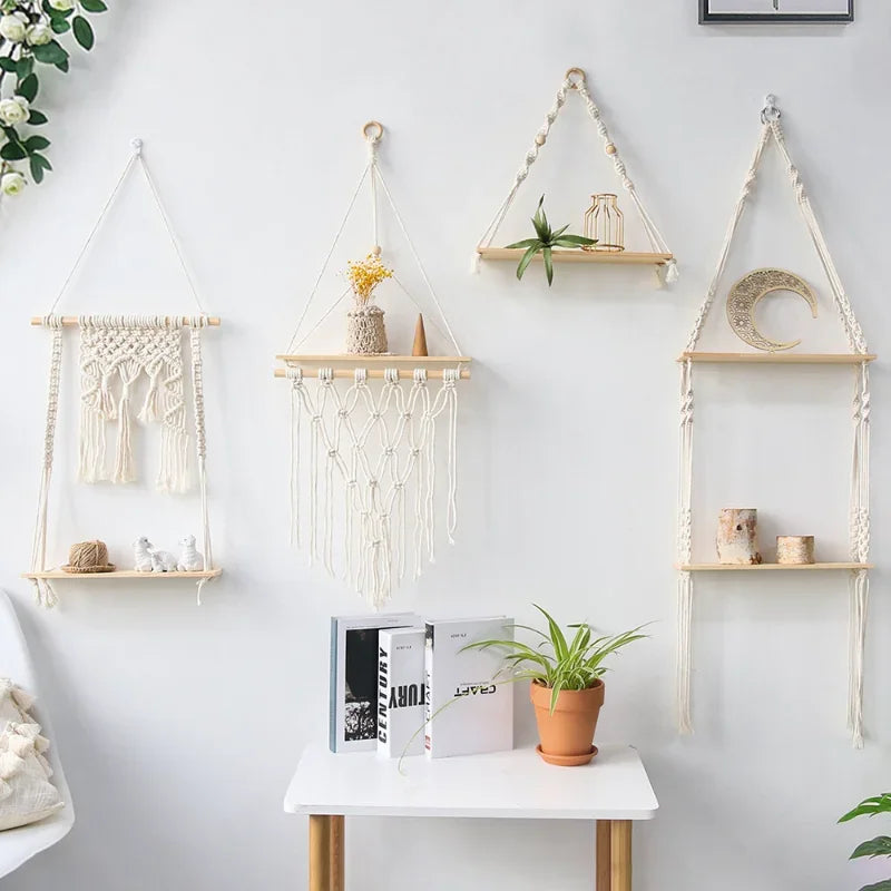 étagères suspendues macramé boho rustique étagères plantes vase céramique cadre photo coussin franges