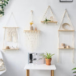 étagères suspendues macramé boho rustique étagères plantes vase céramique cadre photo coussin franges
