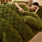 Housse de couette polaire double face vert chaud - Couverture velours taffetas pour lit d'hiver