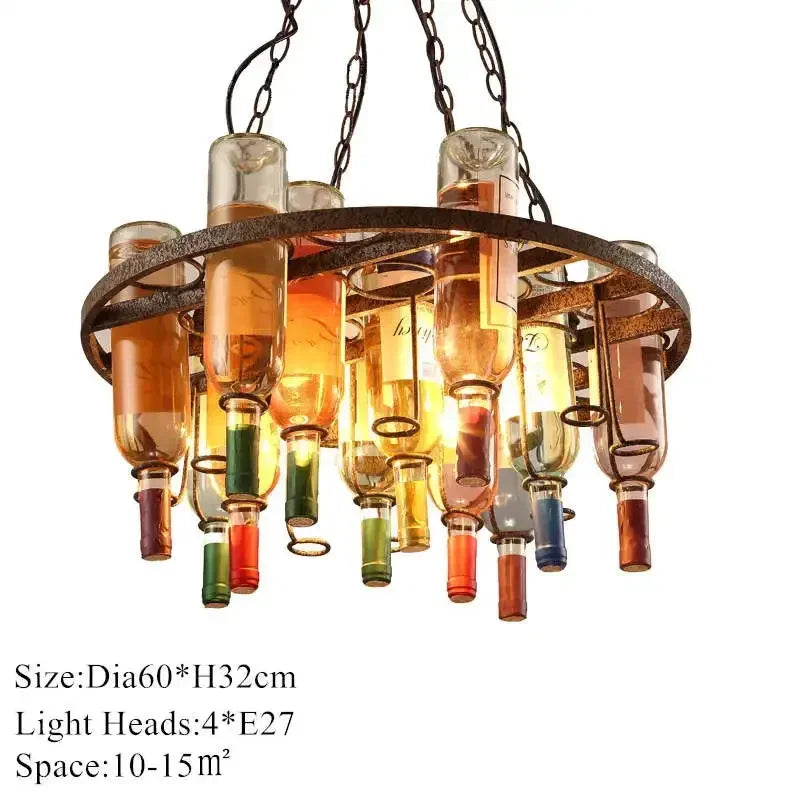 lampe suspendue industrielle bouteilles vin multicolore rouge vert bleu orange rustique
