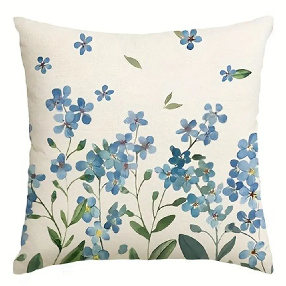 housse coussin polyester motif fleurs bleues texte chambre salon décoration moderne bleu blanc