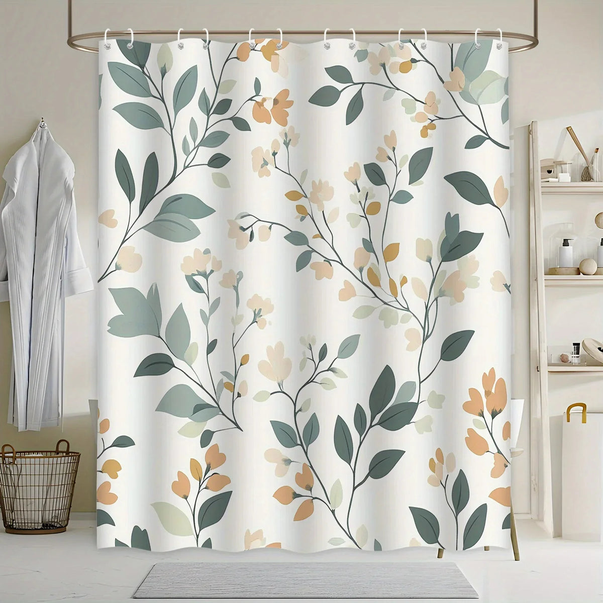 rideau douche motifs floraux moderne blanc vert orange polyester totalement opaque botanique
