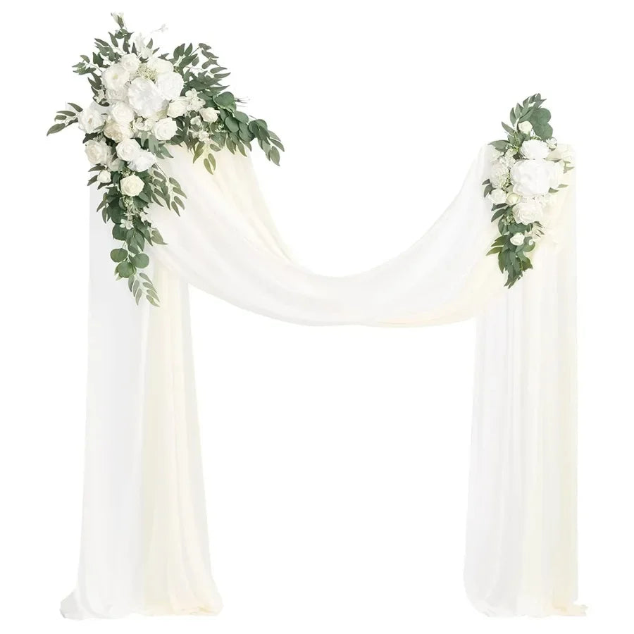 arche décorative fleurs artificielles blanc rose feuilles vertes tissu translucide décoration mariage anniversaire extérieur