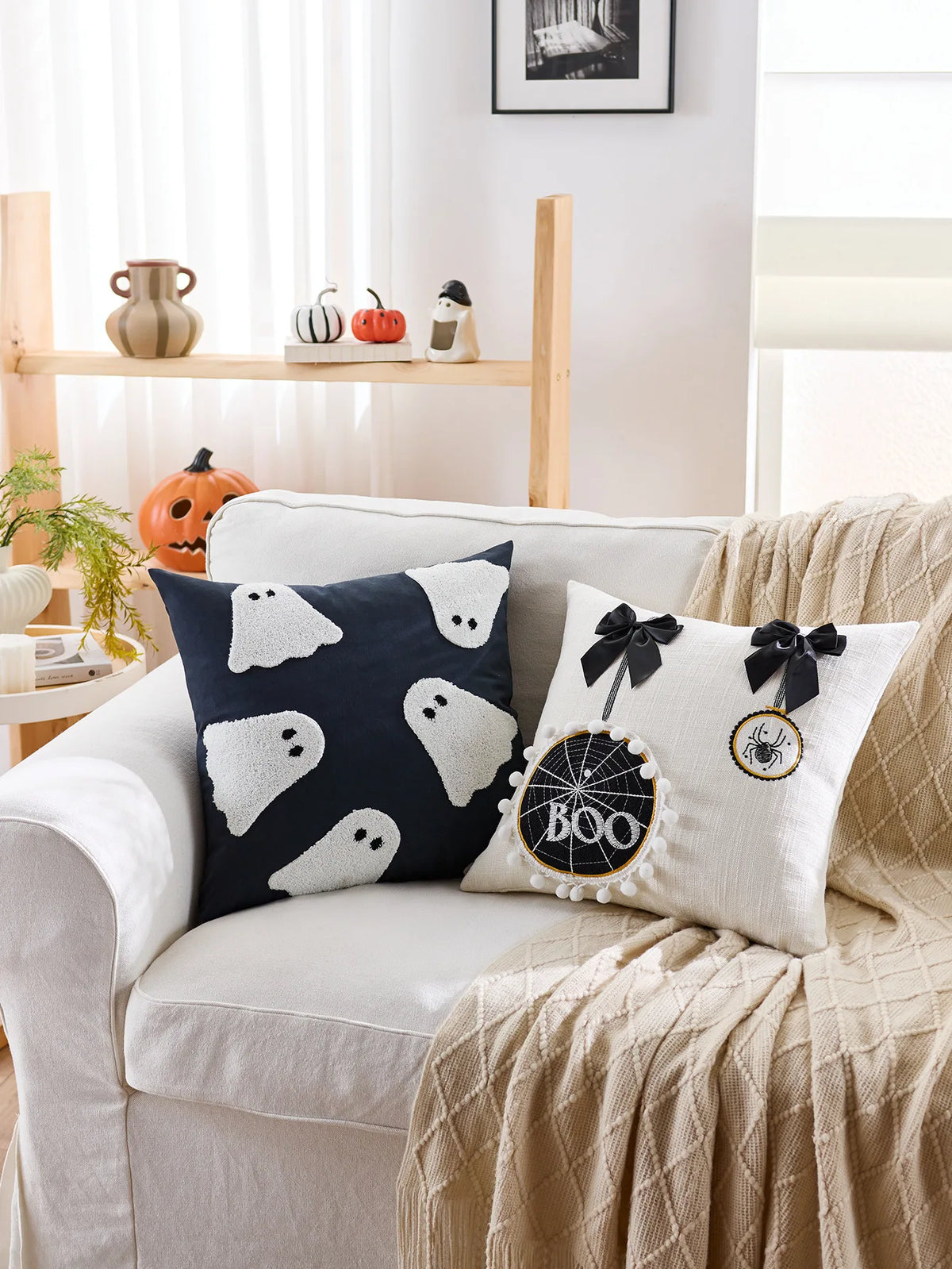 housse coussin halloween fantôme citrouille araignée orange décoration maison canapé chaise voiture polyester jacquard