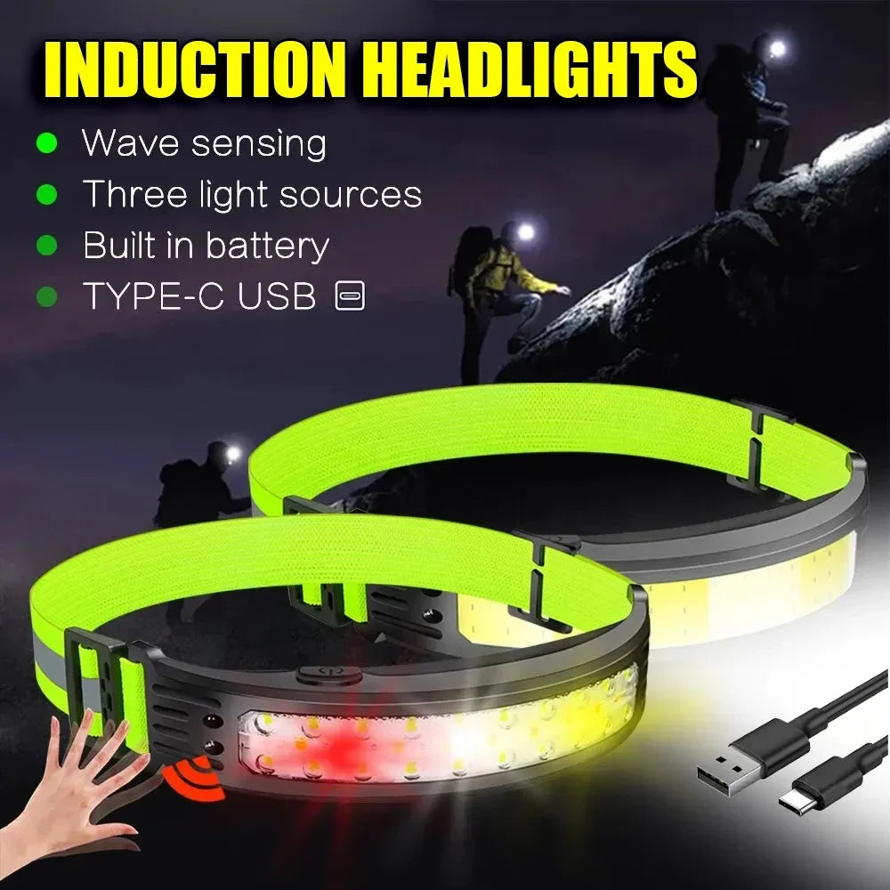lampe frontale led rechargeable usb capteur mouvement lanternne étanche camping pêche course pied rayures