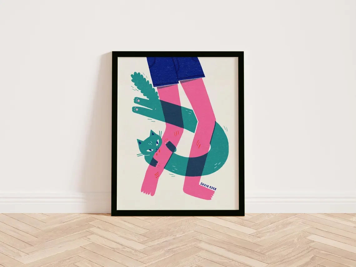 affiche moderne chat blanc illustration main verte rose noire