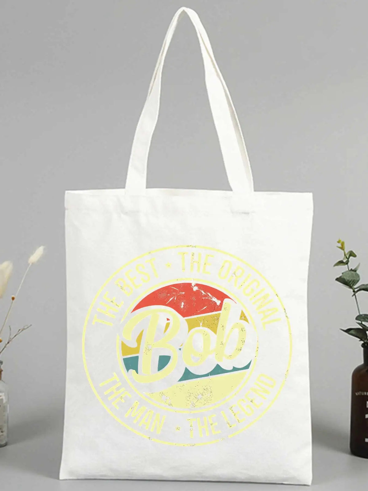 sac main toile blanc imprimé bob jaune rouge vert rétro décontracté femme