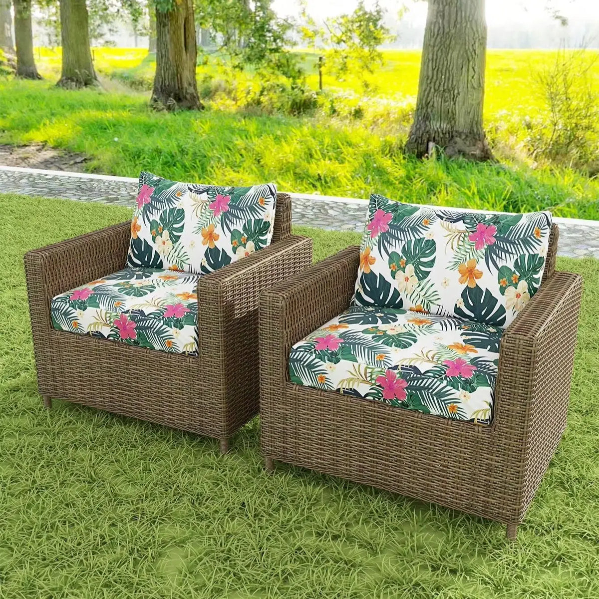 coussin canapé extérieur feuilles tropicales blanc vert orange rose moderne