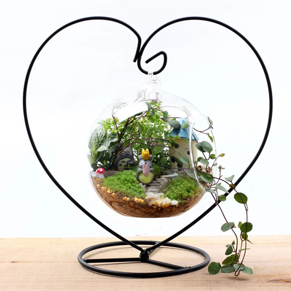 support globe verre terrarium forme coeur métal fil fer tressé noir