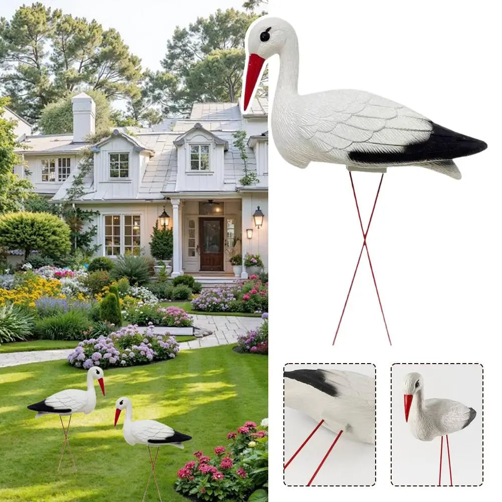 décoration extérieure oiseau cigogne blanche réaliste plumes métal rouge jardin piscine