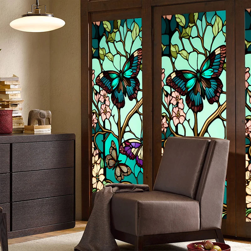 film décoratif autocollant vinyle verre motif fleurs papillons opacité protection thermique intérieur maison