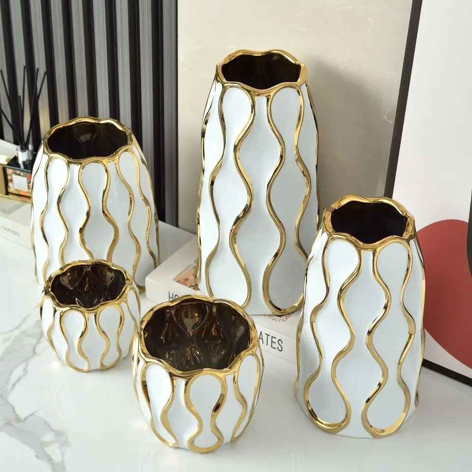 vase céramique moderne blanc or noir lignes dorées élégant décoration salon fleurs artificiellements