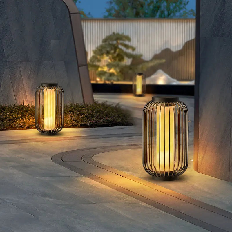 lanterne moderne éclairage extérieur led ip65 noir jaune clair texture marbrée minimalisteflux lumineux faible