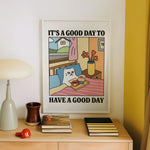 affiche murale chat illustration minimaliste cadre aluminium blanc bleu rose beige