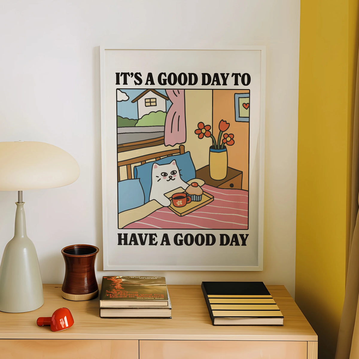affiche murale chat illustration minimaliste cadre aluminium blanc bleu rose beige