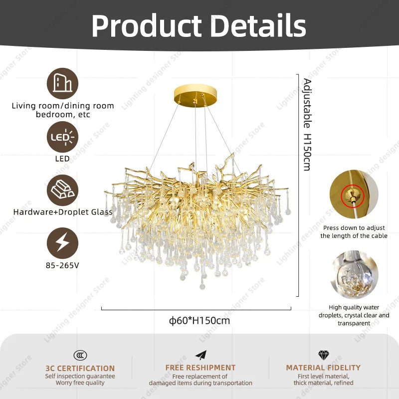 lustre suspendu moderne or cristal transparent branché lumière neutre 4000k chambre salon