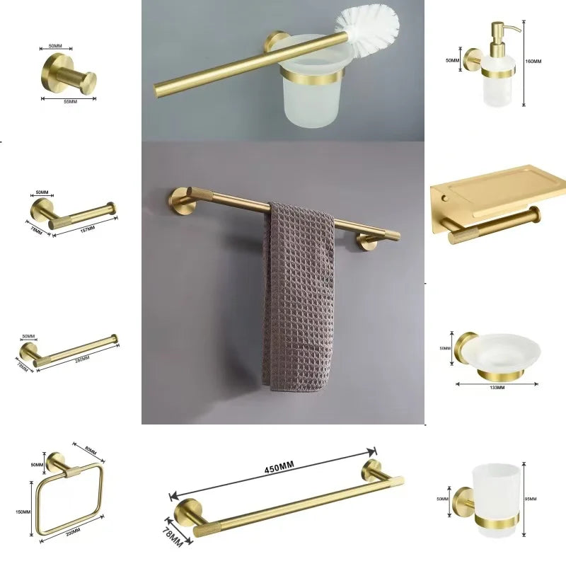 ensemble accessoires salle bain laiton brossé doré porte serviettes papier toilette crochet moderne