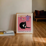 affiche imprimée chat noir blanc illustration fleur cadre doré salle manger cuisine 30x40cm